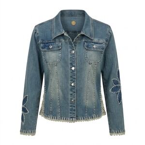 VTG CJ Crest Womens 2XL Blue Denim Jacket Crochet Floral Applique Boho - IW
